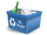 Image of a recycling box containing bottles, cans and paper