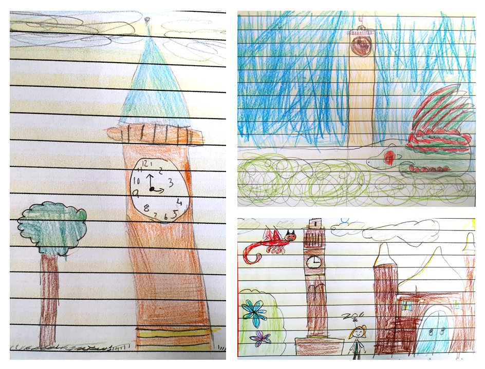 Three drawings of Old Joe (the clocktower) completed by year three students.