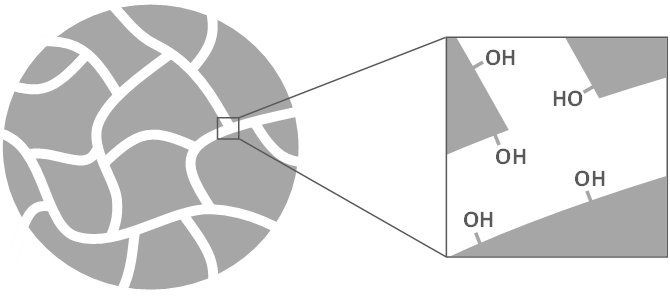 Image showing the structure of silica: Pores with -OH functional groups on the surface.