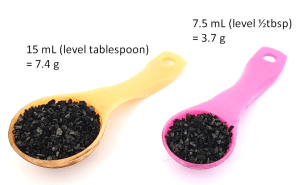 Photo showing two kitchen measuring spoons (a tablespoon and a half tablespoon). The tablespoon is 15 mL capacity and when filled level, holds 7.4 grams of activated carbon. The half tablespoon holds 3.7 grams of activated carbon
